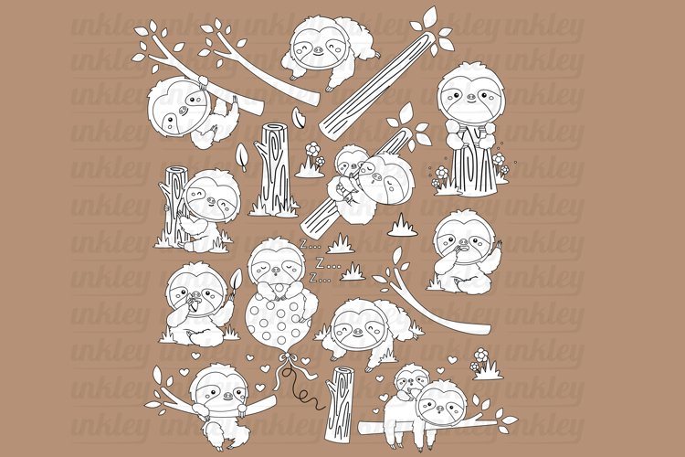 Black and White Coloring Cute Sloth Clipart