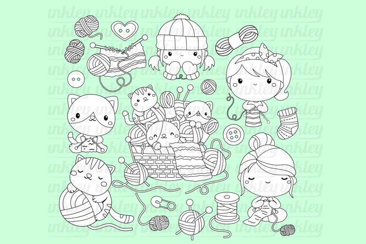 Black and White Knitting Clipart - Cute Cat Clipart