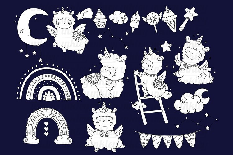 Black and White Coloring Rainbow And Llama Clipart
