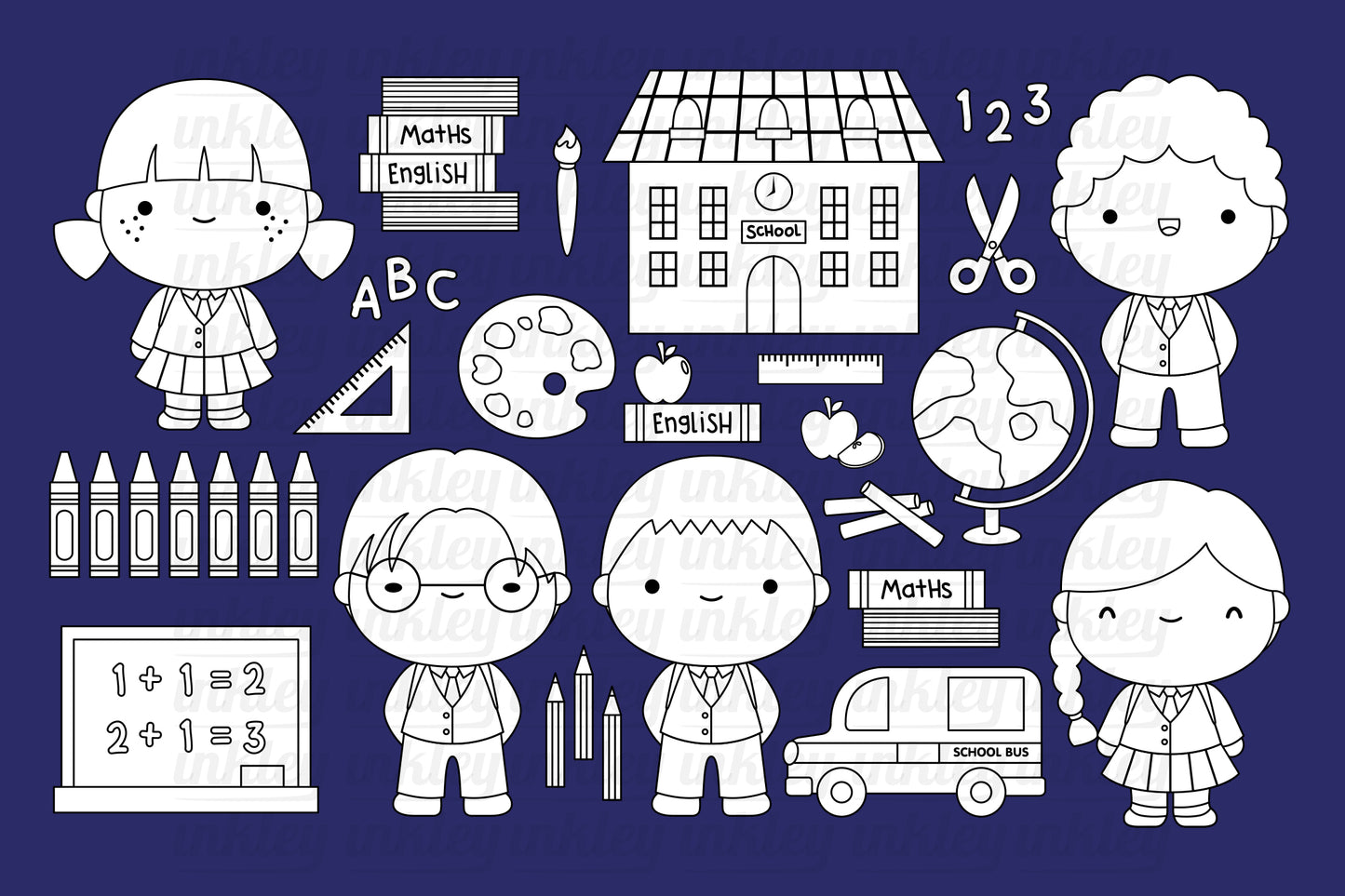 Doodle Cute School Kids and Items Coloring