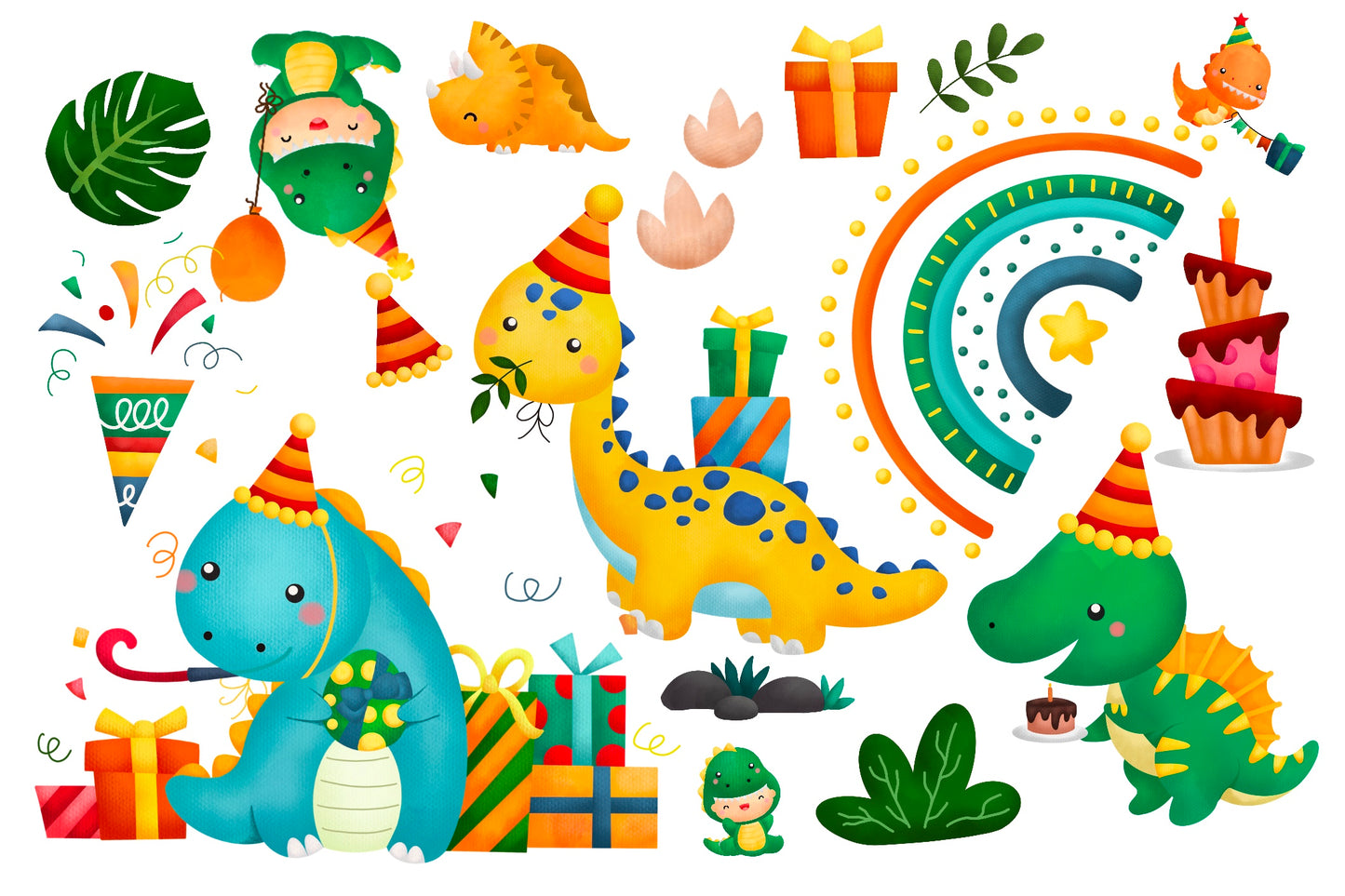 Watercolor Jurassic Animal Birthday Dinosaur Clipart