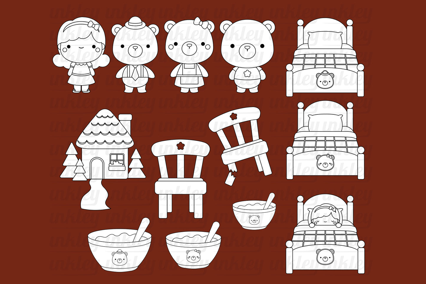 Doodle Goldilock and The Three Bears Clipart Coloring