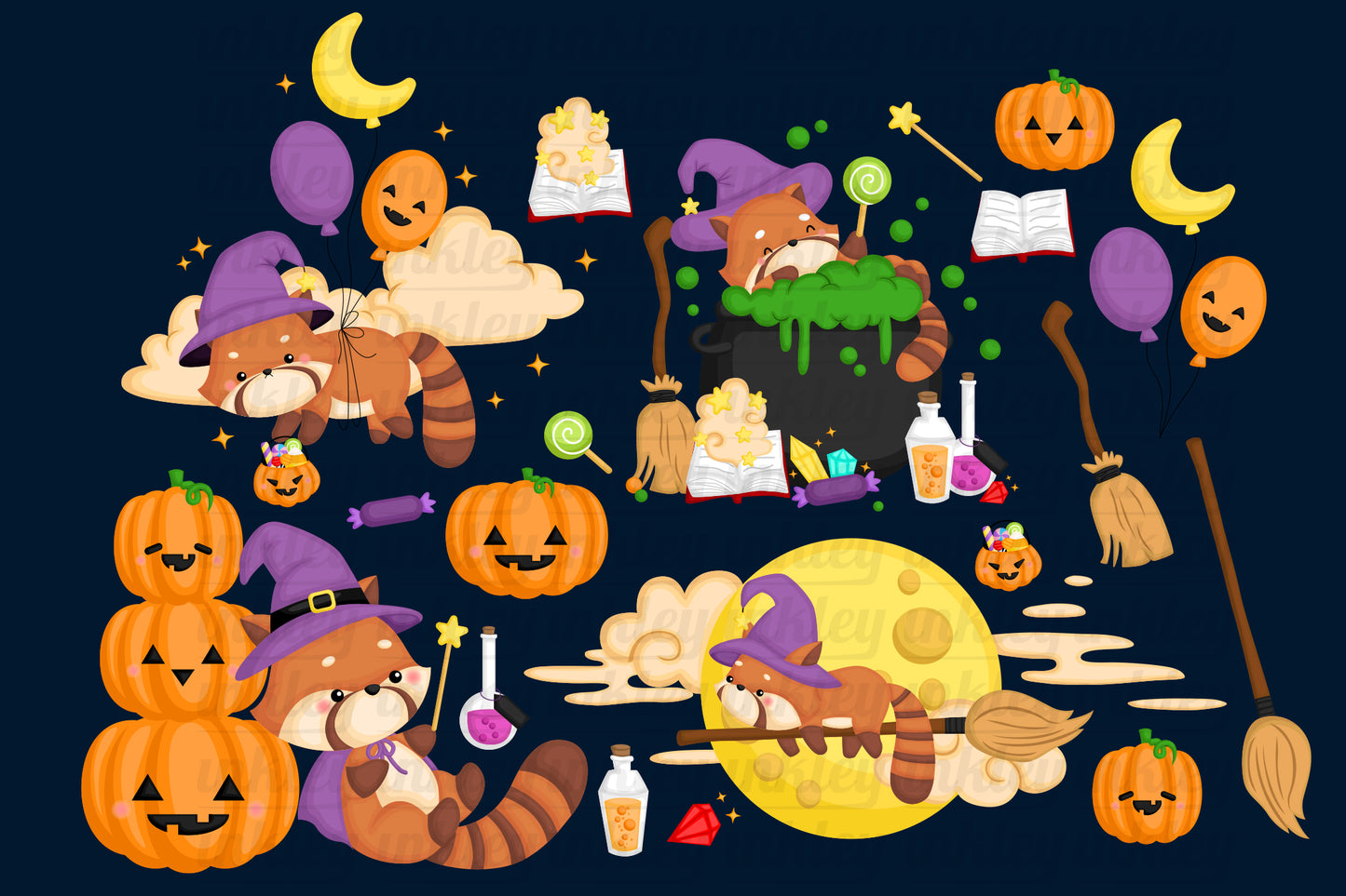 Red Panda Witch Clipart - Cute Halloween Clip Art