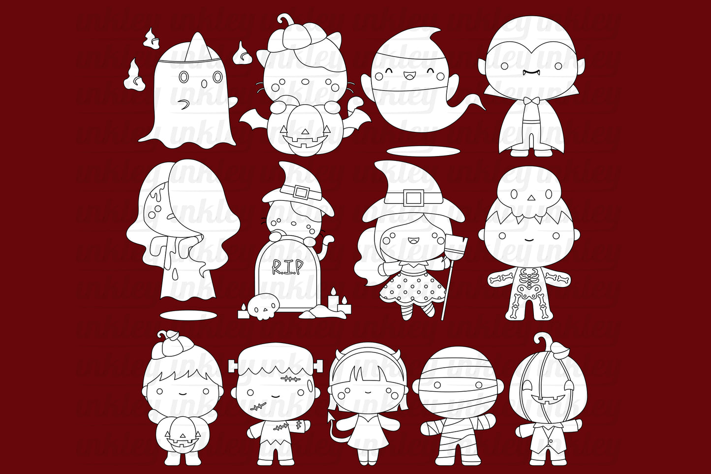 Doodle Halloween Character Clipart - Cute Halloween Coloring