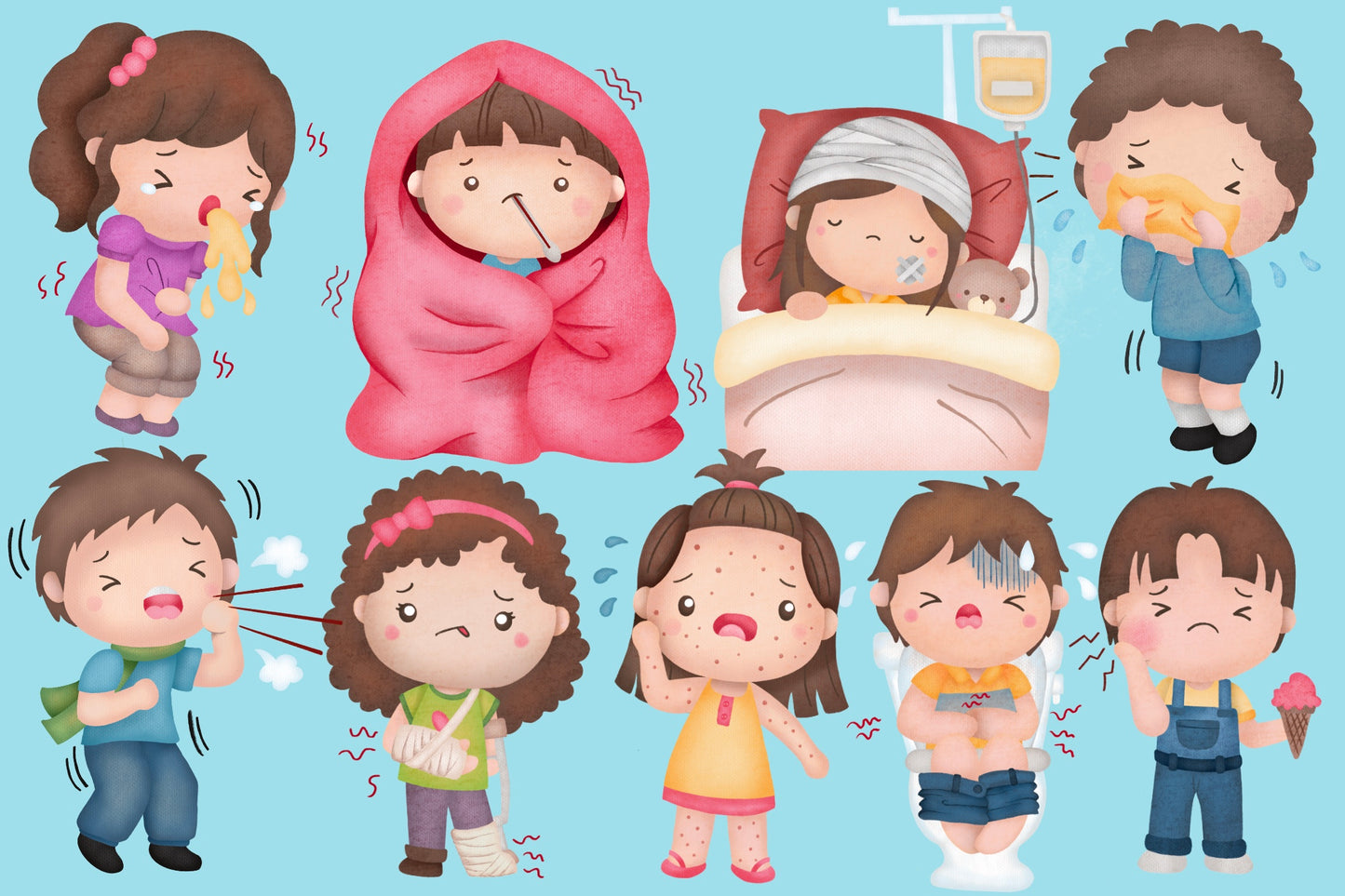 Sick Kids Clipart - Kids Clip Art Watercolor