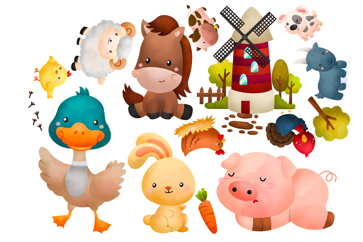 Watercolor Farm Animals Clipart - Cute Animal Clip Art