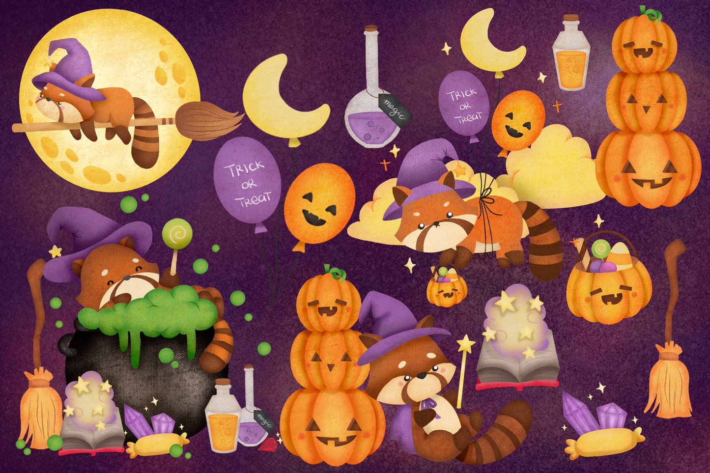 Watercolor Red Panda Witch Clipart - Cute Halloween Clip Art