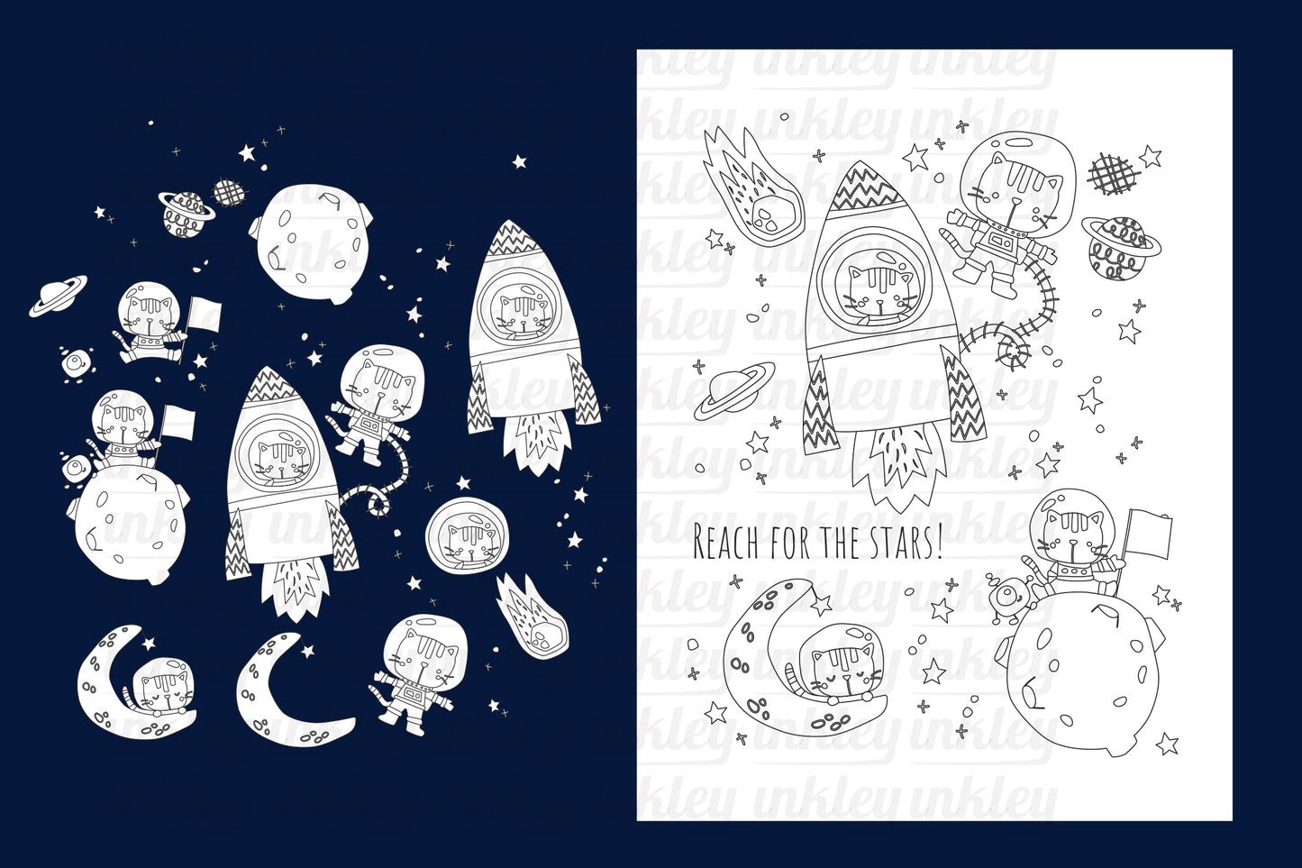 Cat in Space Digital Art - Cute Clipart Coloring