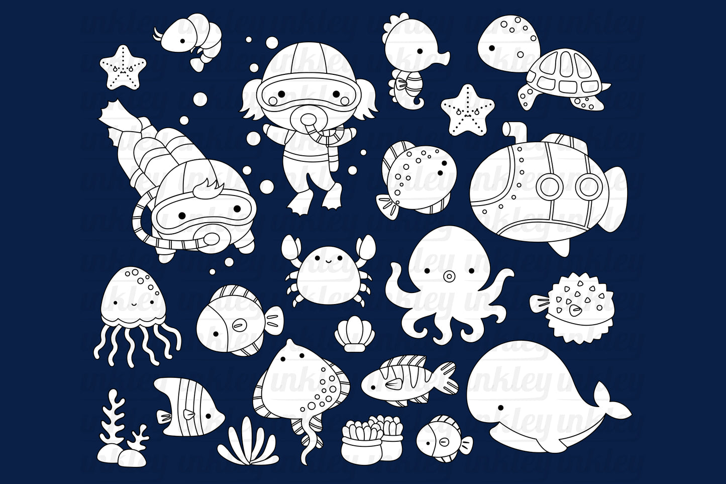 Doodle Sea Animals Clipart - Cute Animals Clip Art Colouring