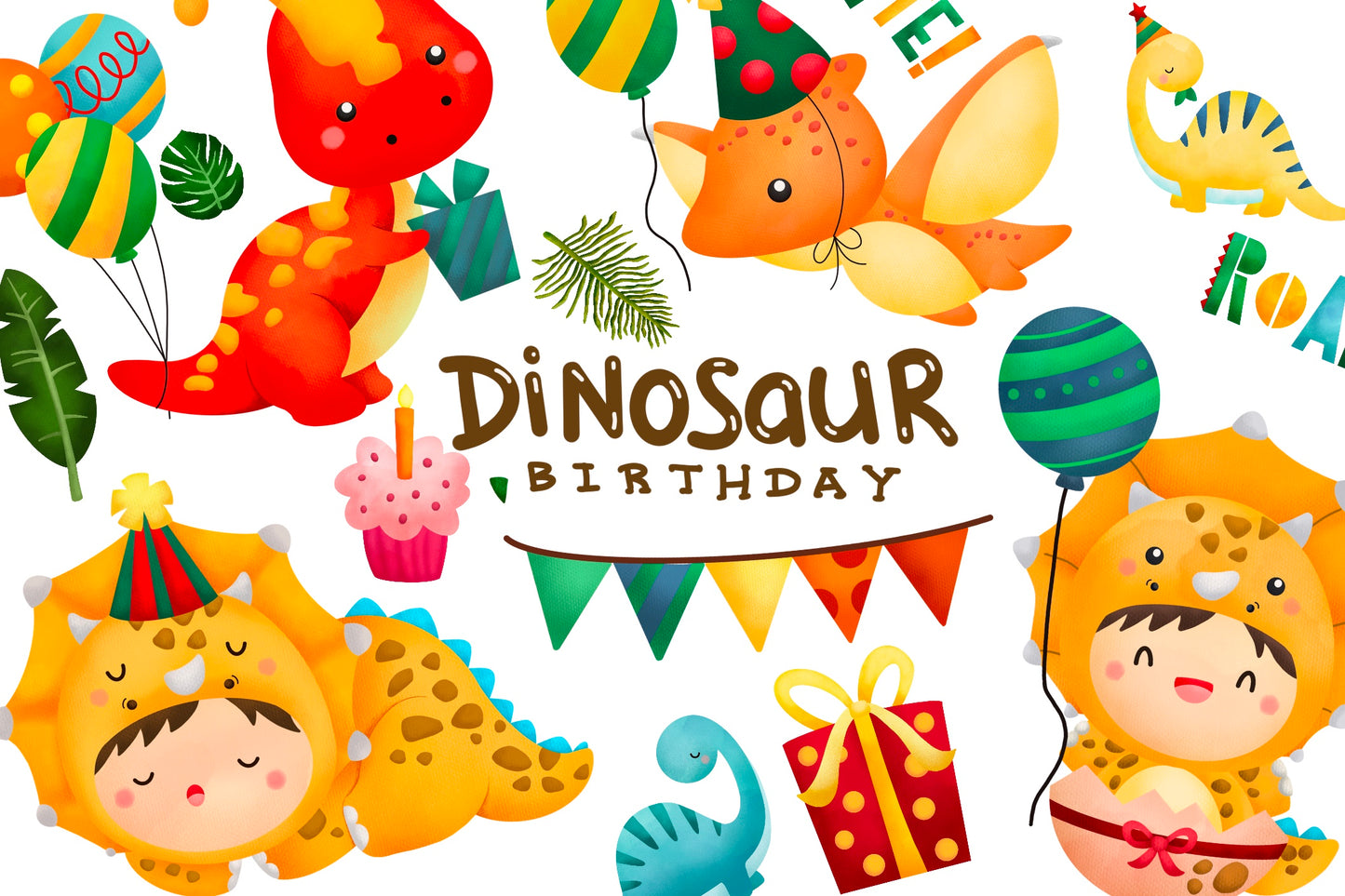 Watercolor Jurassic Animal Birthday Dinosaur Clipart