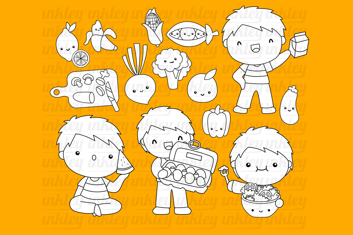 Kids Eating Healthy Food Clipart - Boy Fresh Food Coloring