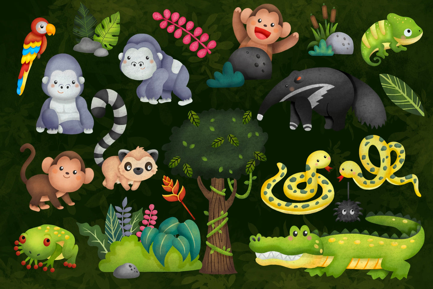 Watercolor Rainforest Jungle Clipart - Cute Animal Clip Art