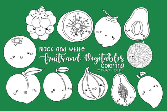 Black and White Coloring Fruits and Vegetables