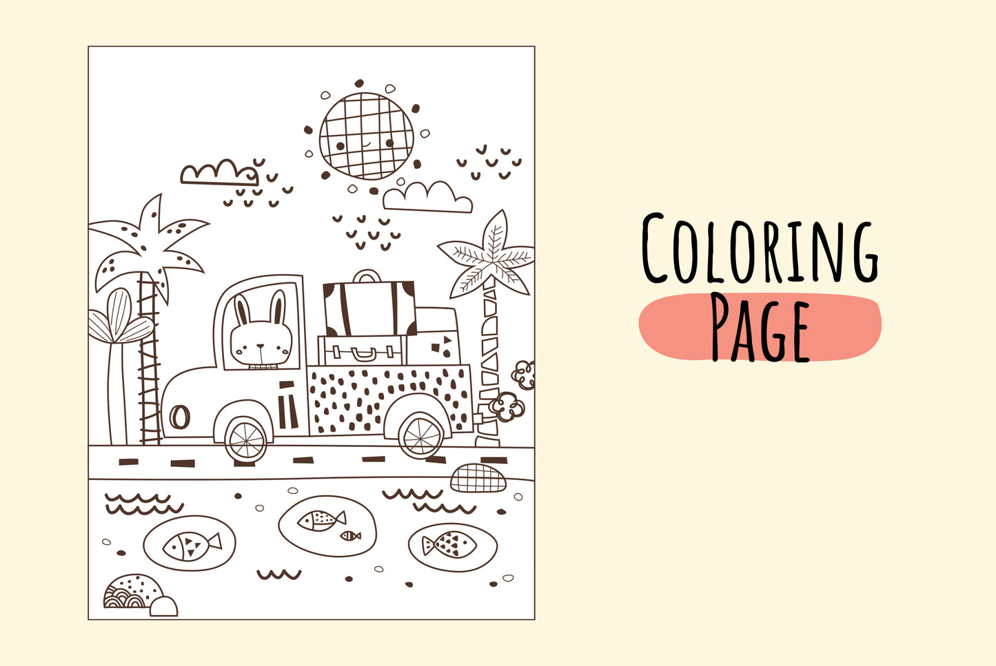 Tropical Travel Bunny Coloring Digital Art - Cute Clipart