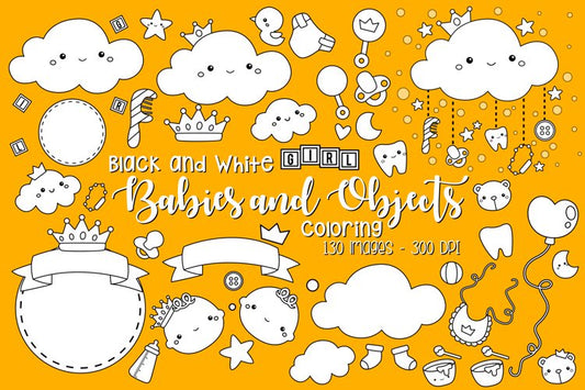 Black and White Coloring Babies and Toys
