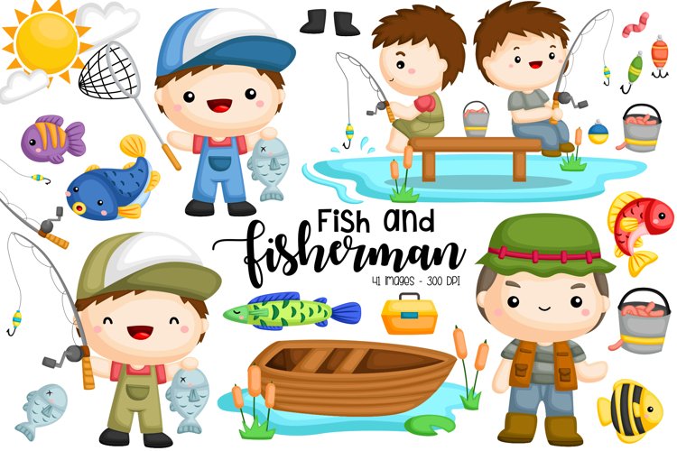 Fisherman Fishing Clipart - Cute Kids Clip Art – inkleystudio