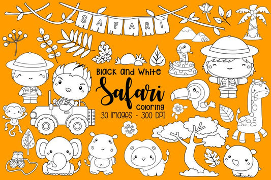 Black and While Coloring Safari Animals