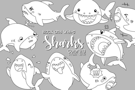Black and White Coloring Sharks