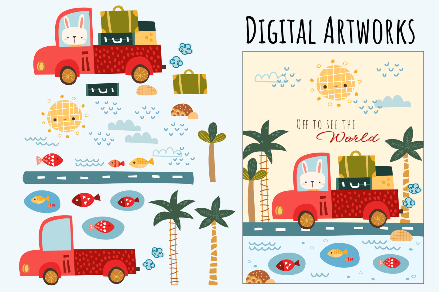 Tropical Travel Bunny Digital Art - Cute Clipart