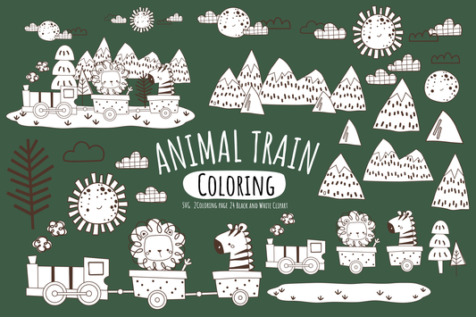 Animal Train Coloring Digital Art - Cute Clipart