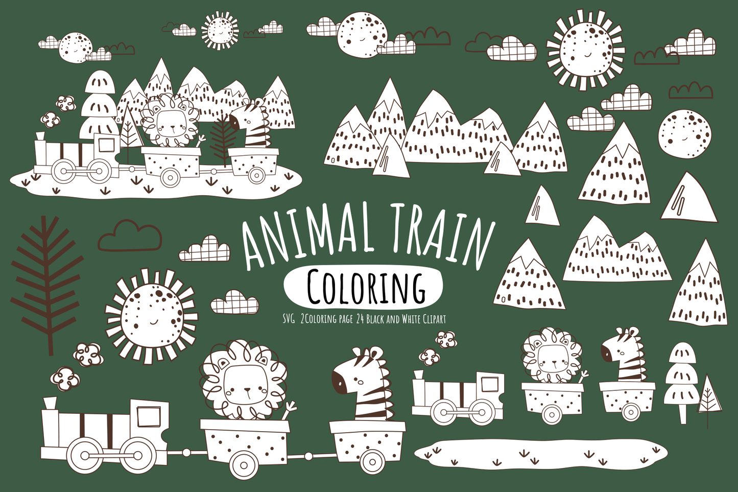 Animal Train Coloring Digital Art - Cute Clipart