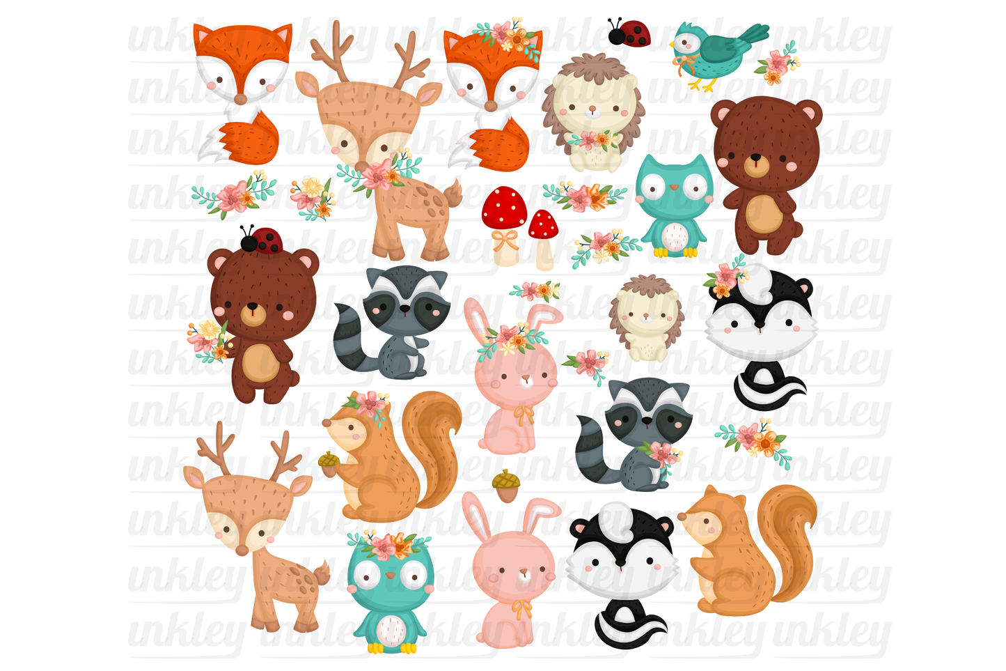 Animal in Flower Wreath Clipart - Cute Animal Clip Art