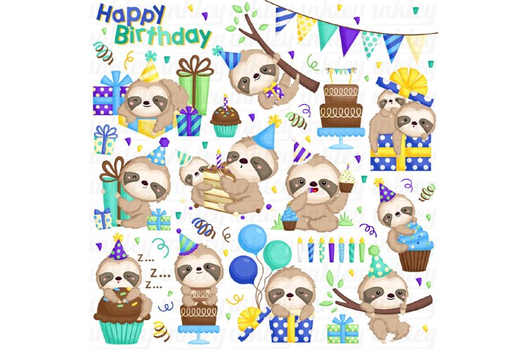 Birthday Sloth Clipart - Cute Sloth Clip Art