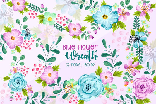 Blue Colored Flower Clipart - Flower Wreath Clip Art