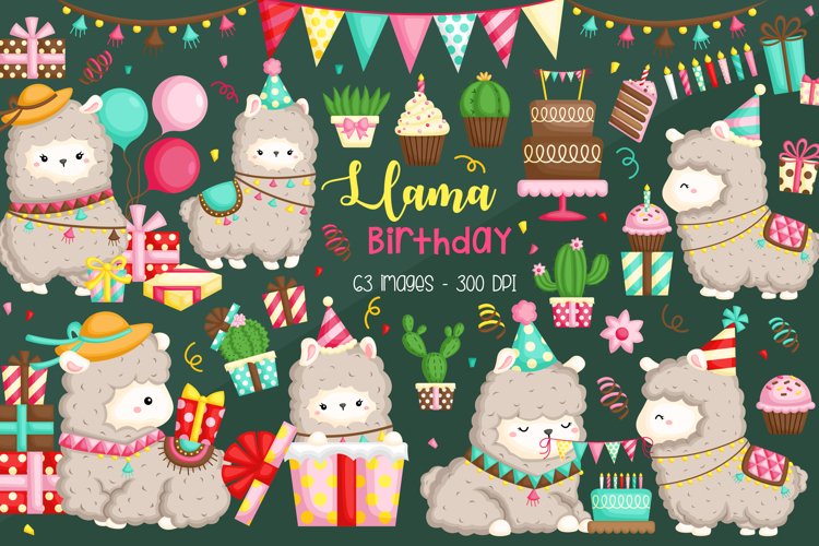 Birthday Llama Clipart - Cute Animal Clipart