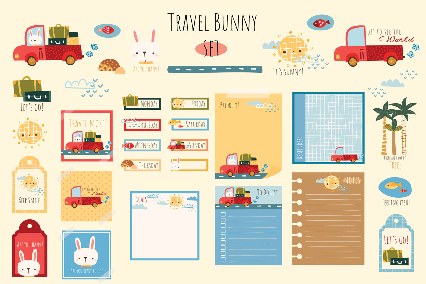 Tropical Travel Bunny Planner Clipart - Cute Planner