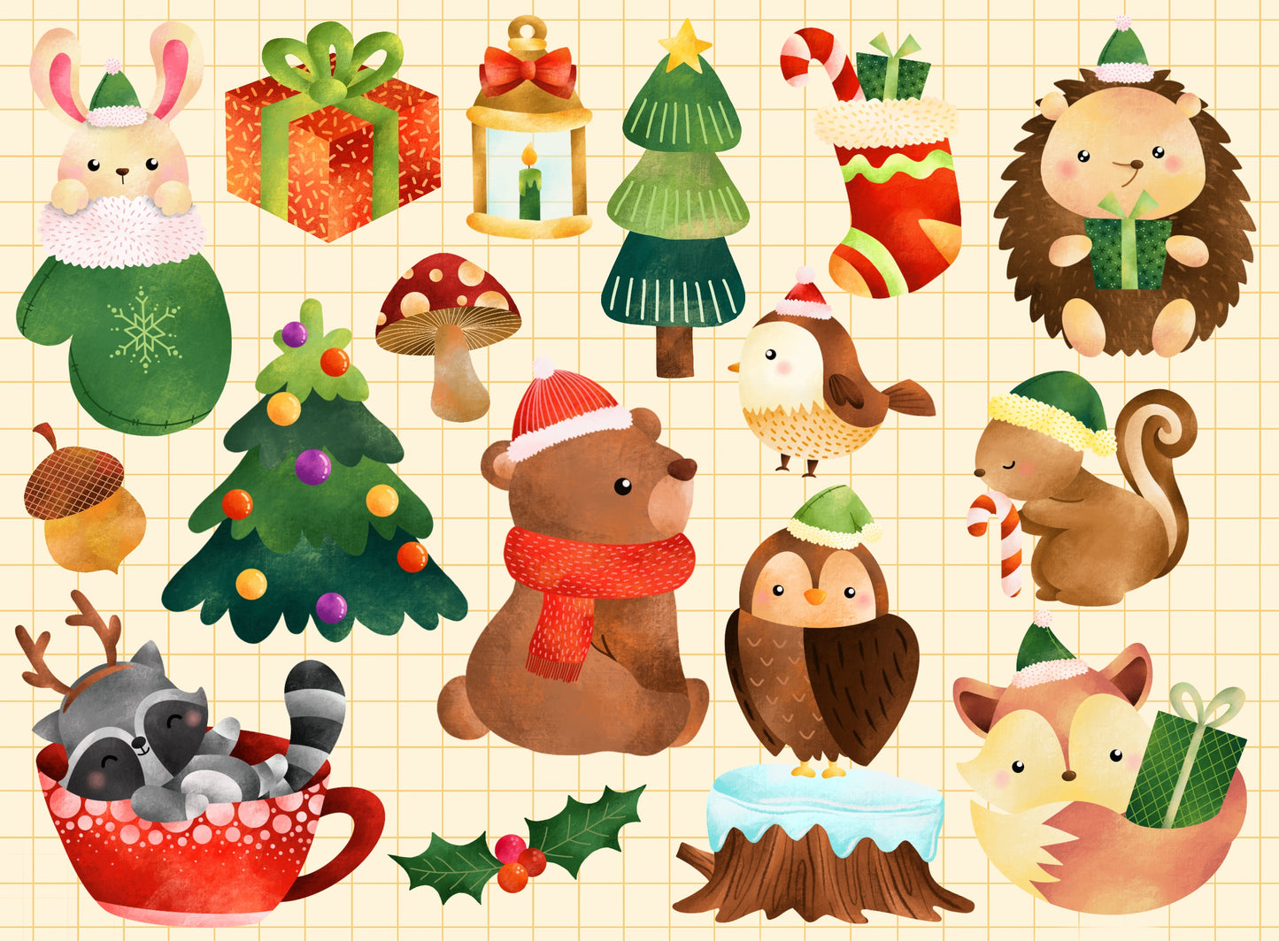 Watercolor Christmas Animal Clipart - Christmas Clip Art