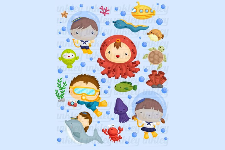 Underwater Life Clipart - Cute Kids Diving Clip Art