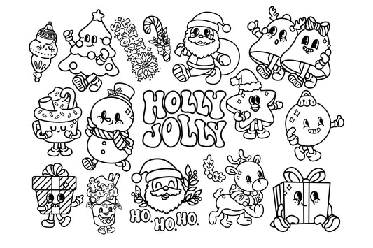 Retro Character Christmas Clipart - Holiday Coloring