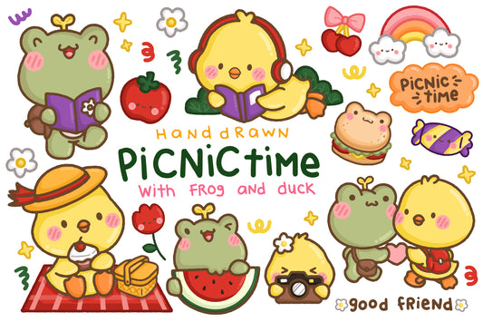Hand Drawn Frog and Duck Picnic Clipart