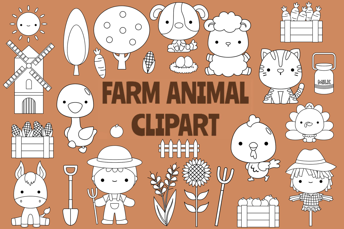 Doodle Cute Farm Animals Clipart Coloring