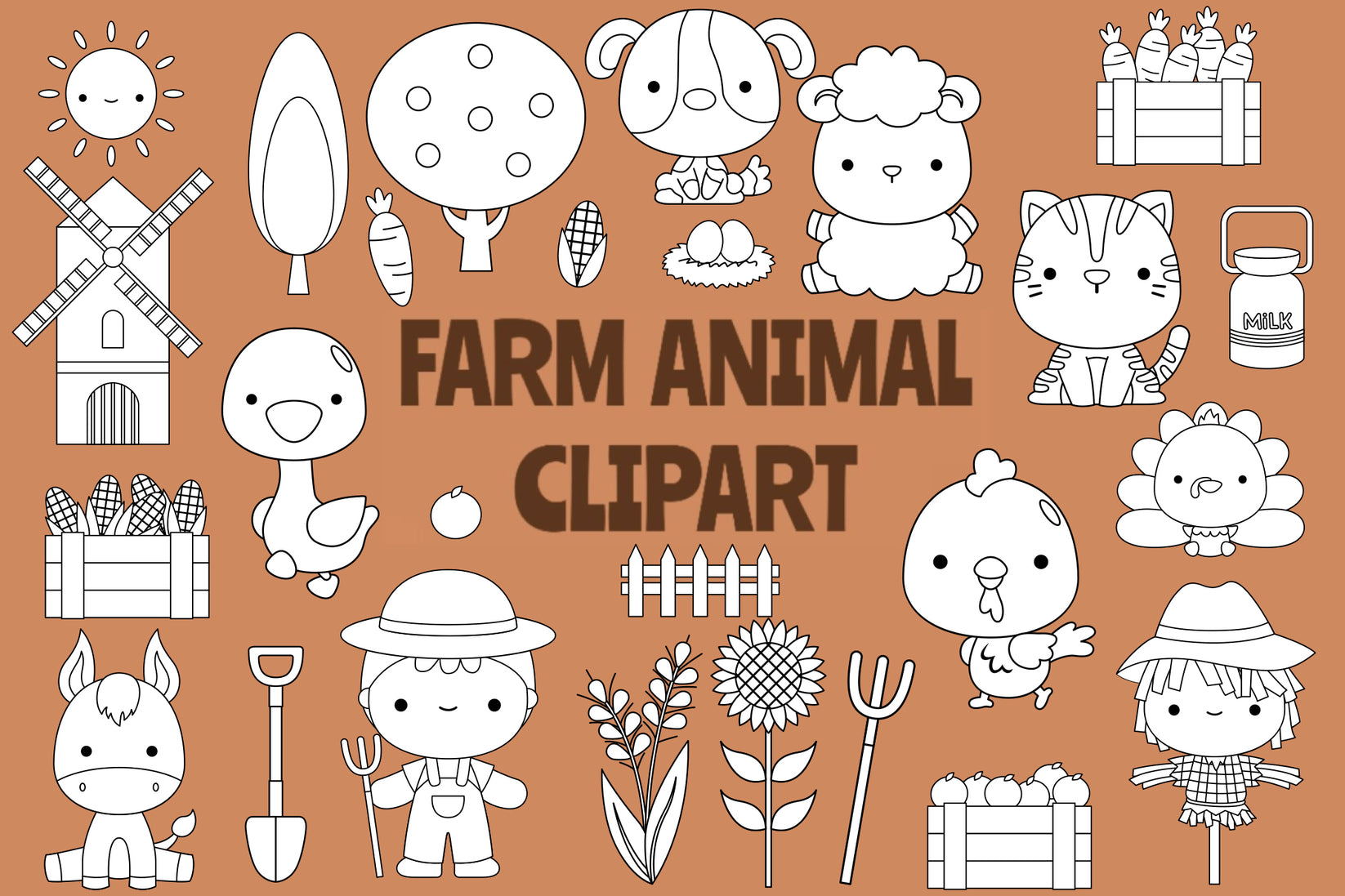 Doodle Cute Farm Animals Clipart Coloring – inkleystudio