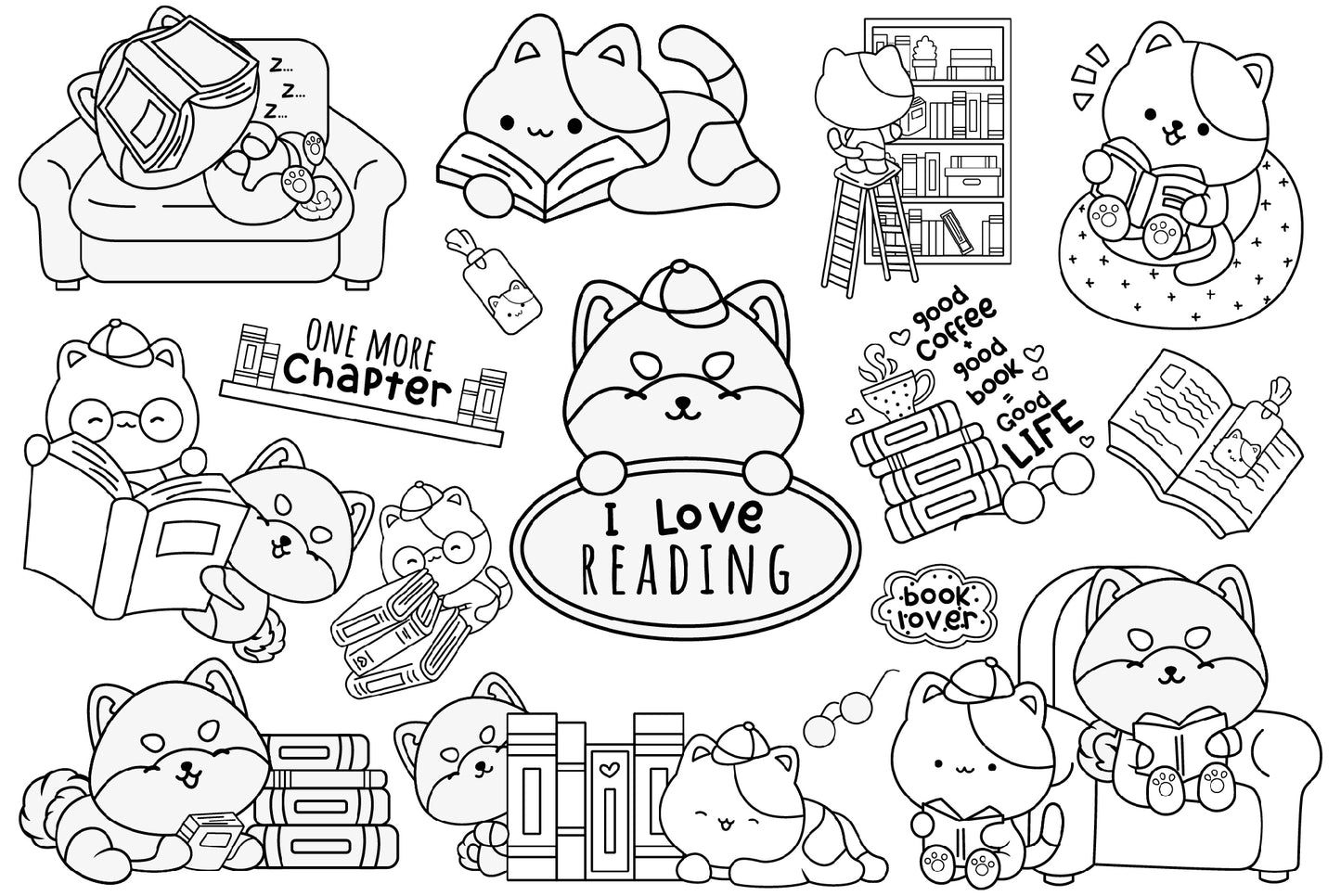 Dog and Cat Reading Clipart - Animal Bookworm Coloring