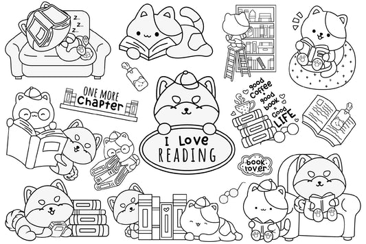 Dog and Cat Reading Clipart - Animal Bookworm Coloring