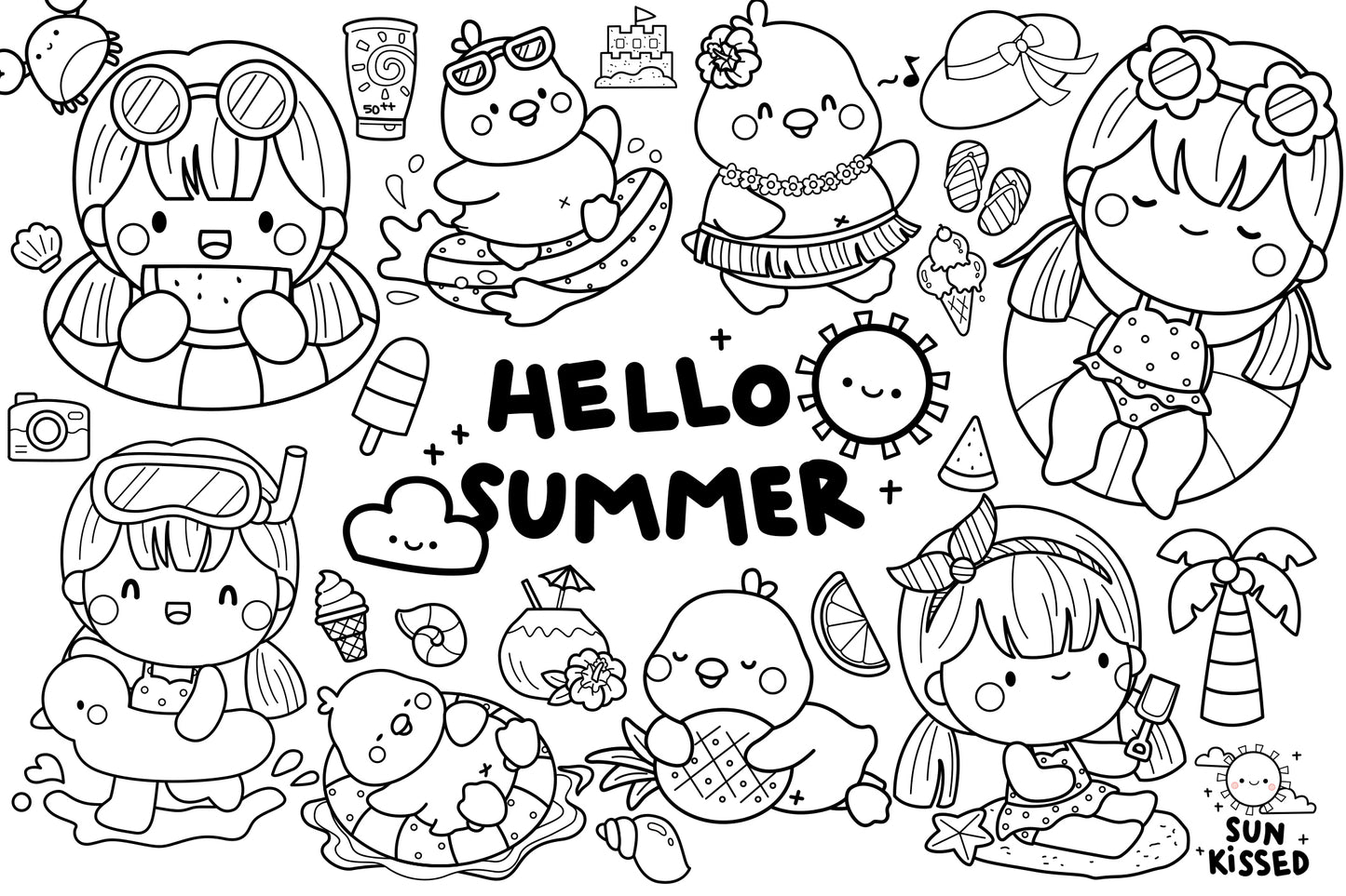 Cute Duck and Girl Clipart - Cute Summer Clip Art Coloring