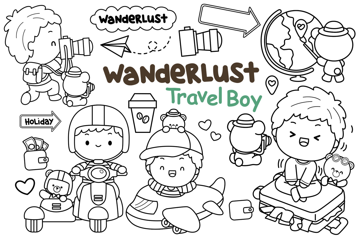 Boy and Travel Clipart - Travelling Equipment Coloring
