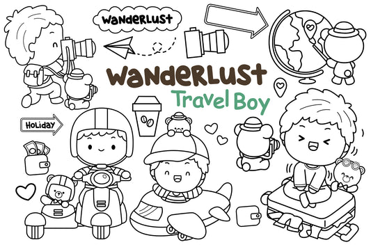 Boy and Travel Clipart - Travelling Equipment Coloring