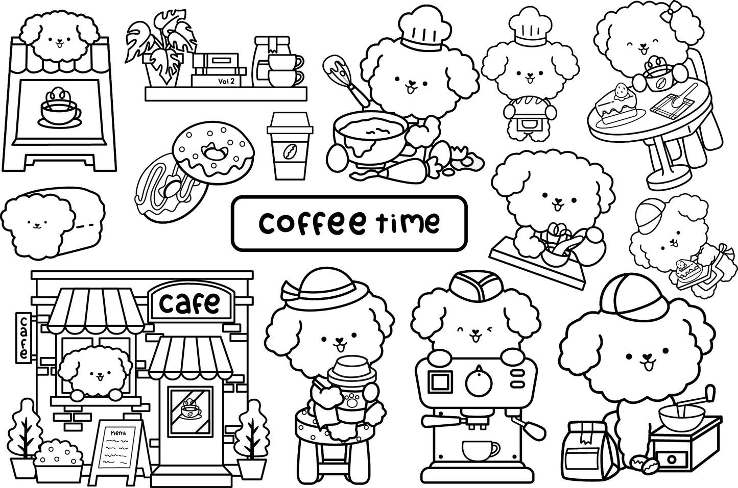Dog and Cafe Clipart - White Poodles Clip Art Coloring