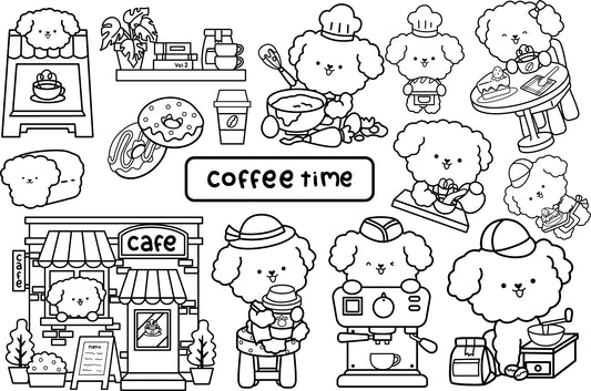 Dog and Cafe Clipart - White Poodles Clip Art Coloring