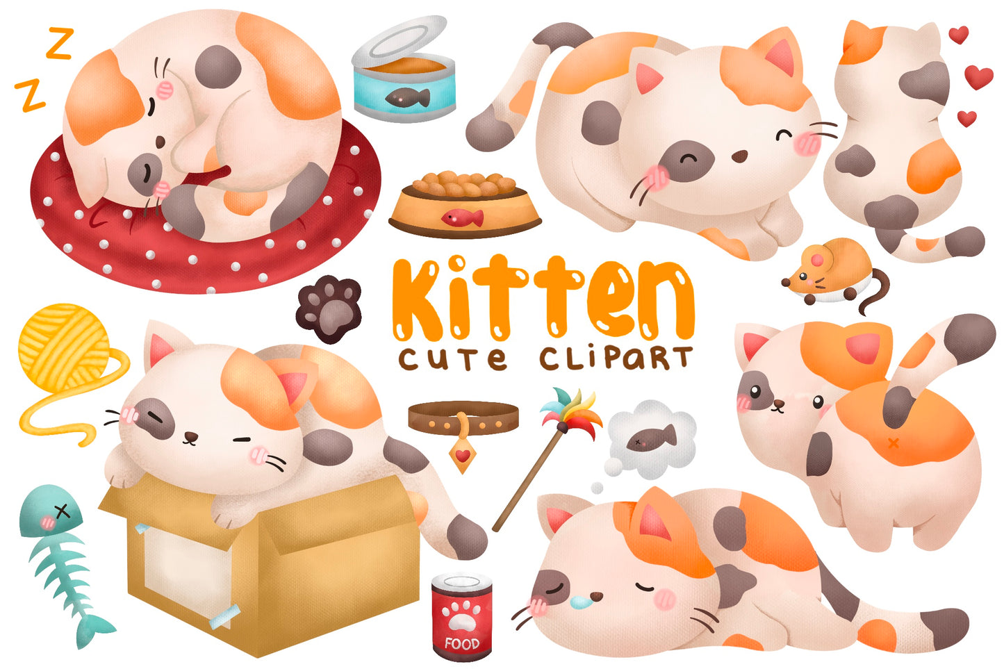 Cute Cats Clipart - Feline Animal Clip Art Watercolor