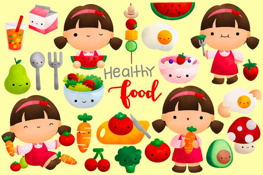 Watercolor Kids Eating Healthy Food Clipart