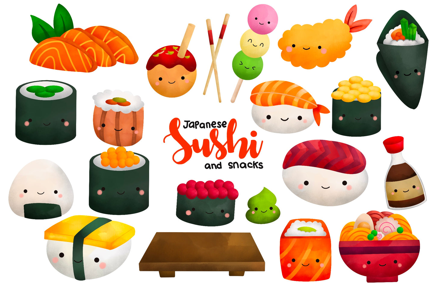 Watercolor Japan Sushi and Snacks Clipart - Cute Food