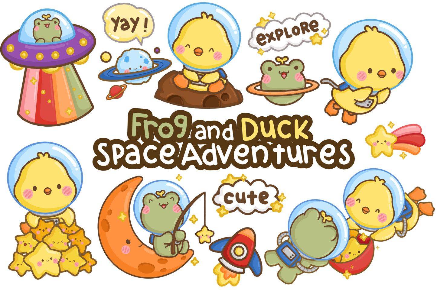 Hand Drawn Frog and Duck Astronauts Clipart