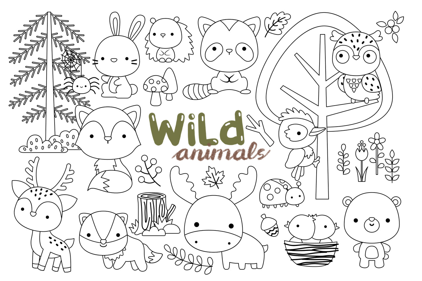 Wild Animals Clipart - Cute Jungle Safari Animals Coloring