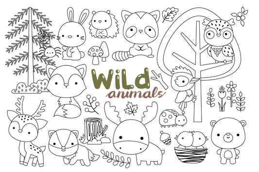 Wild Animals Clipart - Cute Jungle Safari Animals Coloring