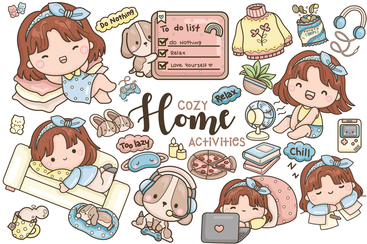 Cozy Home Activities Clipart - Cute Girl Clip Art – inkleystudio